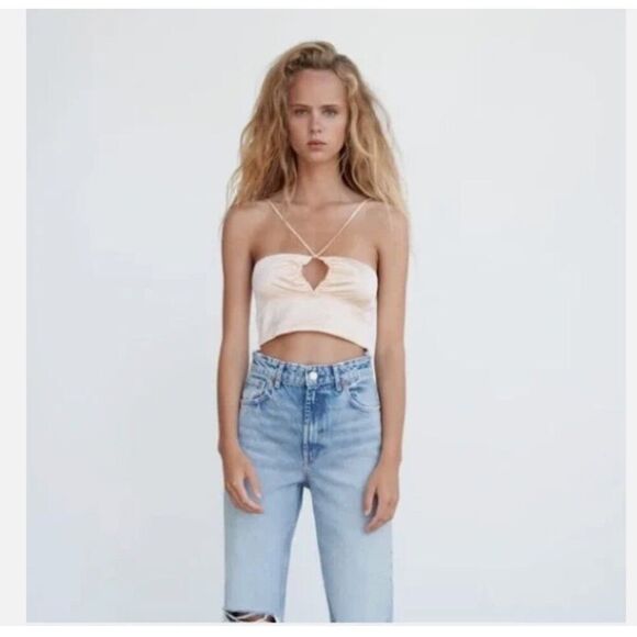 NWT Zara Cut-Out Satin Effect Crop Top Champagne Beige-Pink Size XS - Picture 1 of 5